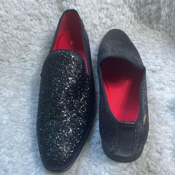 NWOT Black glitter synthetic leather Men’s slip on dress shoes rubber soles SZ13 main image 4